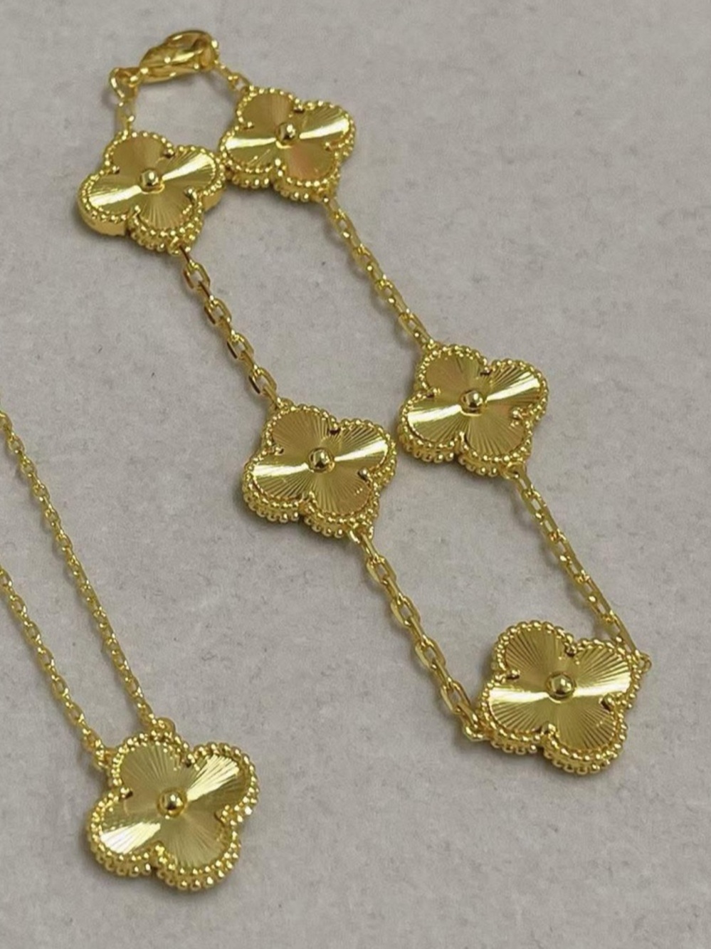 Designer-Inspired Gold Clover Pendant Necklace & Bracelet
